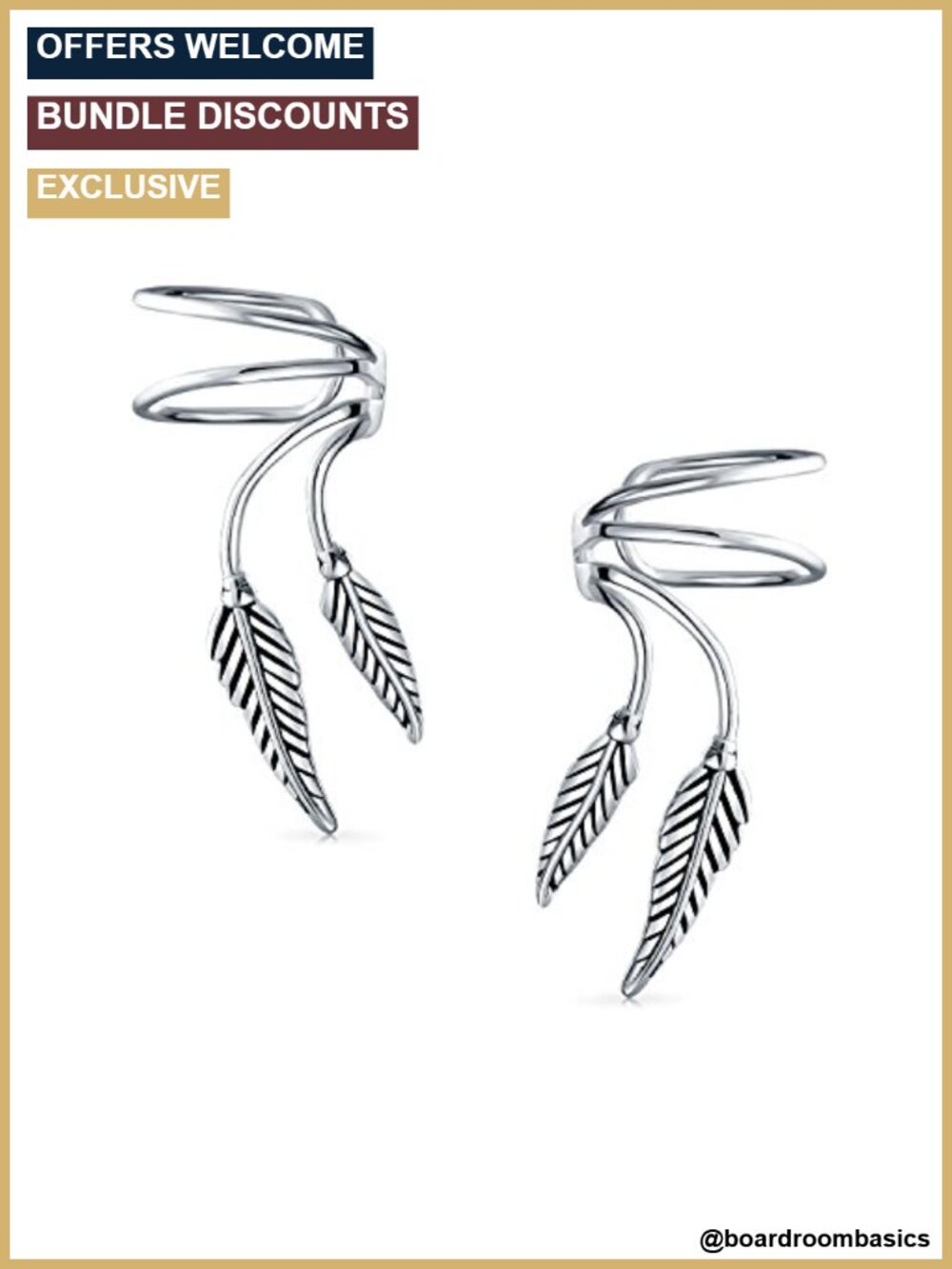 Double Feather Leaf Ear Cuff Earrings Sterling Silver No Piercing